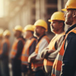 Construction workers line up at construction site with yellow safety hat and orange vest