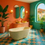 Showroom bagno luxury estivo con colori vivaci, vasca freestanding e doppio lavabo su sfondo mediterraneo