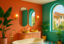 Showroom bagno luxury estivo con colori vivaci, vasca freestanding e doppio lavabo su sfondo mediterraneo
