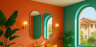 Showroom bagno luxury estivo con colori vivaci, vasca freestanding e doppio lavabo su sfondo mediterraneo